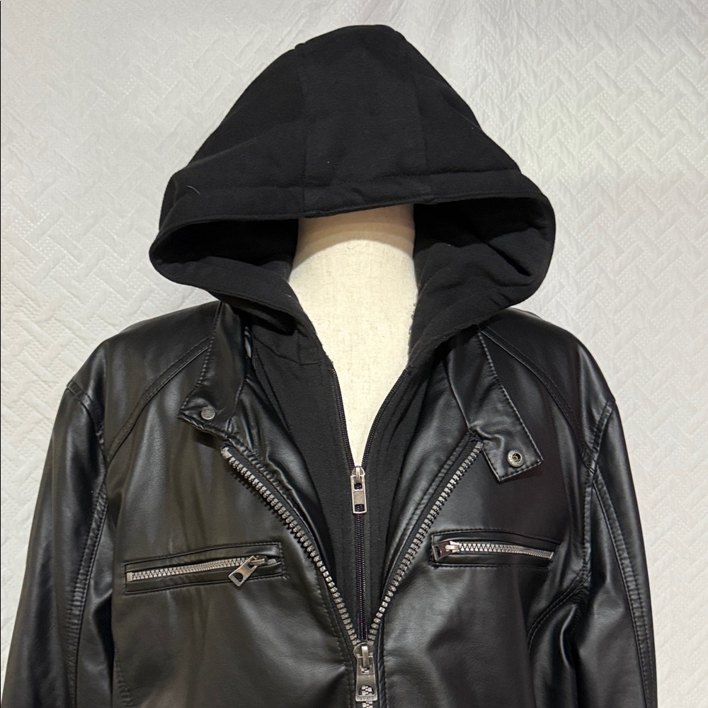 Guess Black Leather Bomber Jacket with Hood - Picture 3 of 5